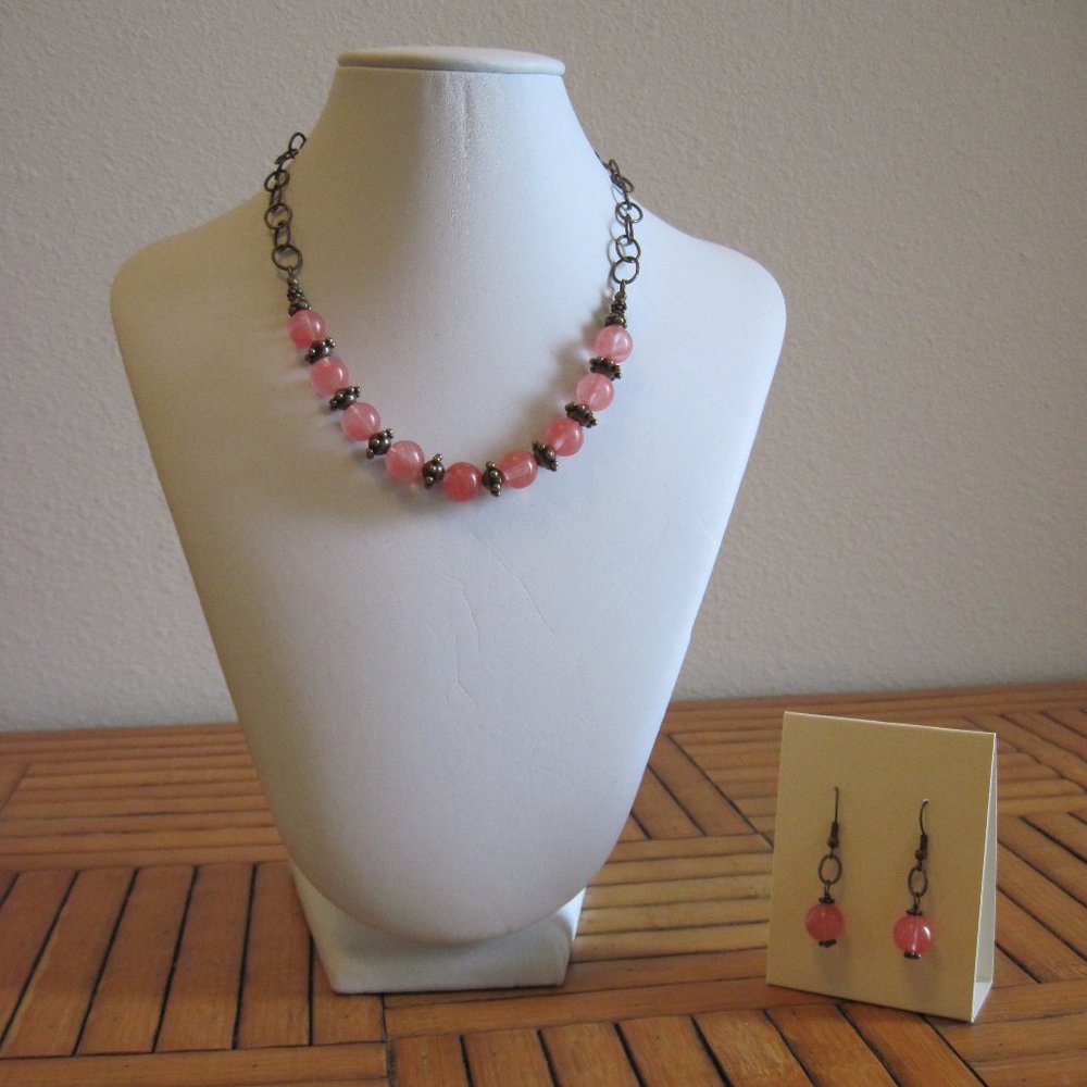 Rose Quartz and Metal Necklace and Earrings Set